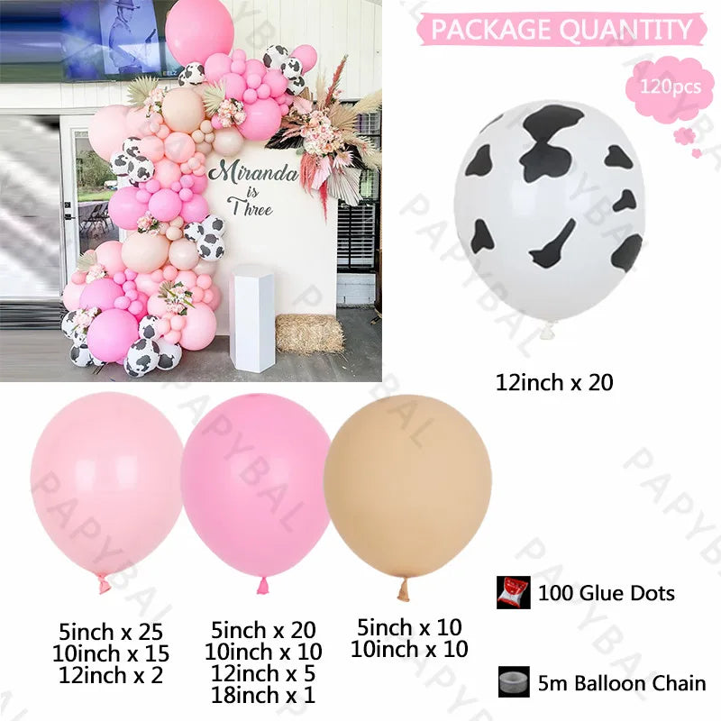 120Pcs Cow Farmland Theme Party Pink Balloon Garland Arch Kit 12inch Cow Printed Balloons for Farm Birthday Party Decor Supplies