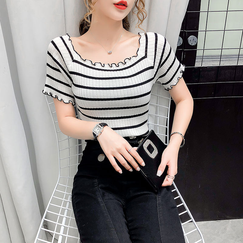 HELIAR Women T-Shirts Knitting Stripes Off Shoulder Flounce Hem Tees Women Short Sleeve T-Shirt Cute Crop Tops Women 2023 Summer