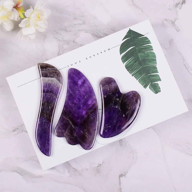 Amethyst Massager Natural Stone Facial Roller Gua Sha Tools Set SPA Acupuncture Scraping Crystal Body Face Health Care Massage