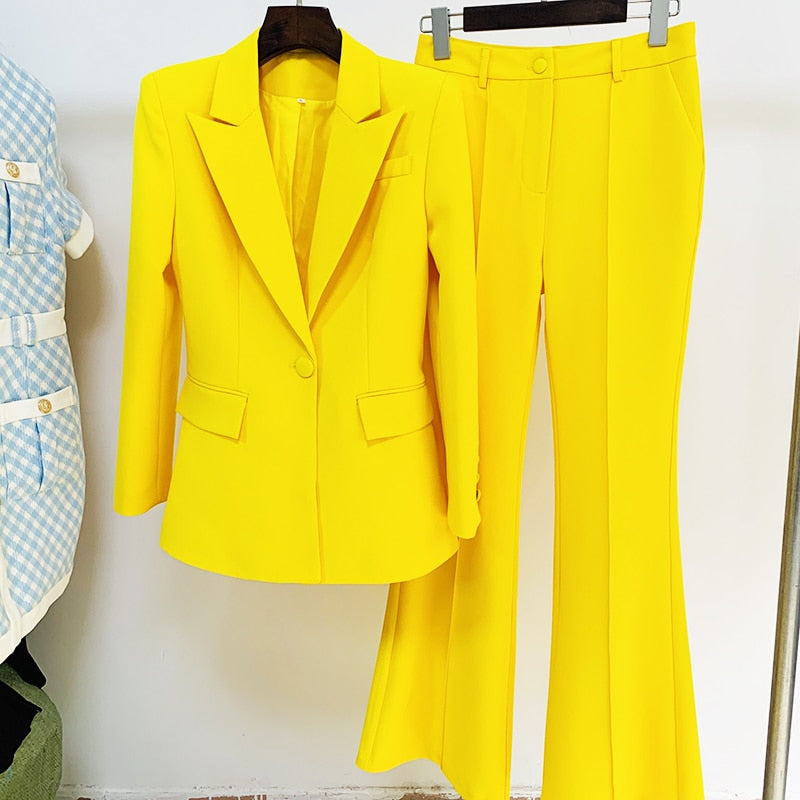 HIGH QUALITY Newest 2023 Runway Designer Suit Set Women's Single Button Blazer Flare Pants Suit Fluorescent Purple