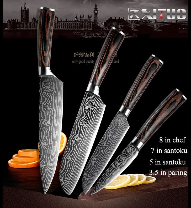 XITUO  2-5PCS Set Kitchen Knife Damascus Laser Stainless Steel Blades Chef Knife Santoku knife Utility Paring knives Tools