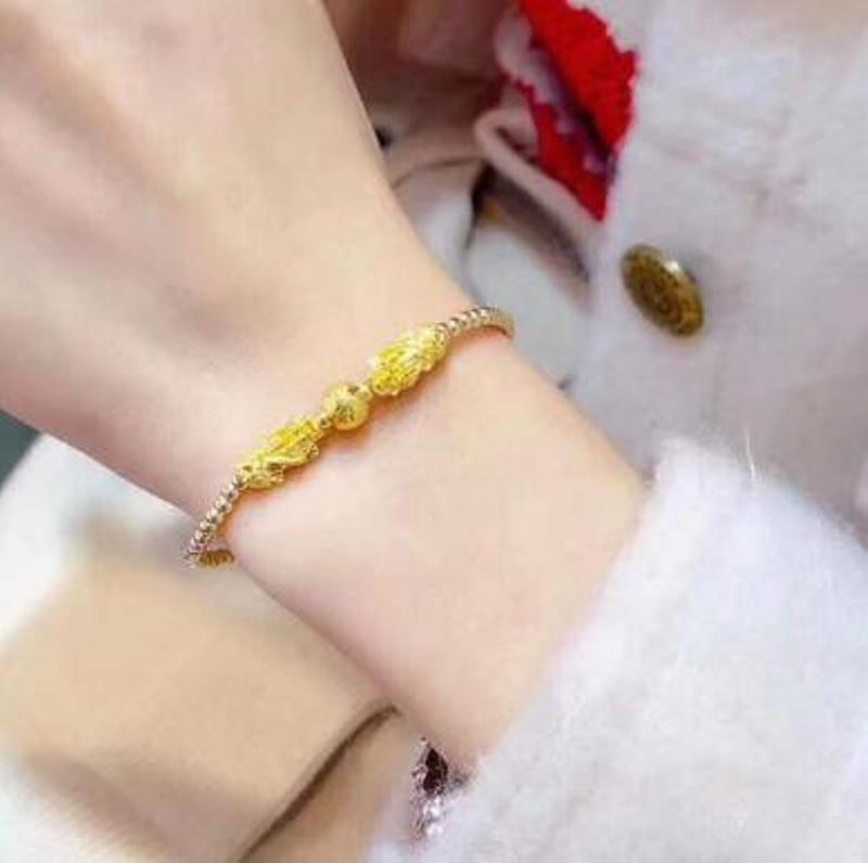 999 24K Yellow Gold Bracelet Real Gold Chain Lucky Pixiu and silver 3mm Beads For Women Girl Best Gift