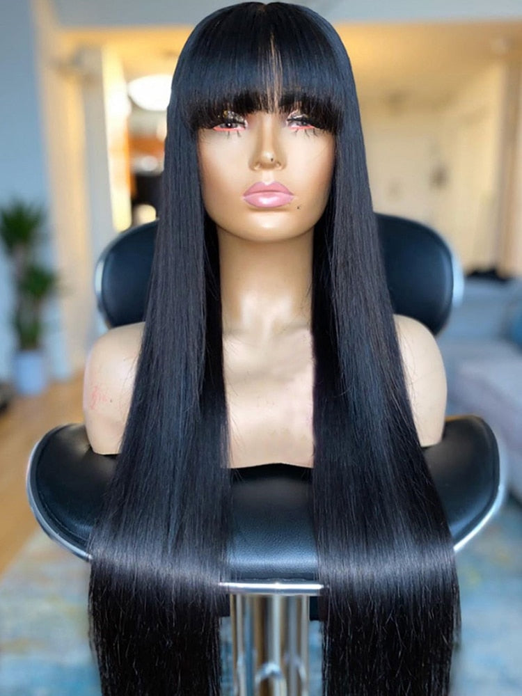 Human Hair Wigs with Bangs Bone Straight Short Bob Hair 100% Cheap Long Fringe Wig Human Hair For Black Women Brazilian Remy Wig