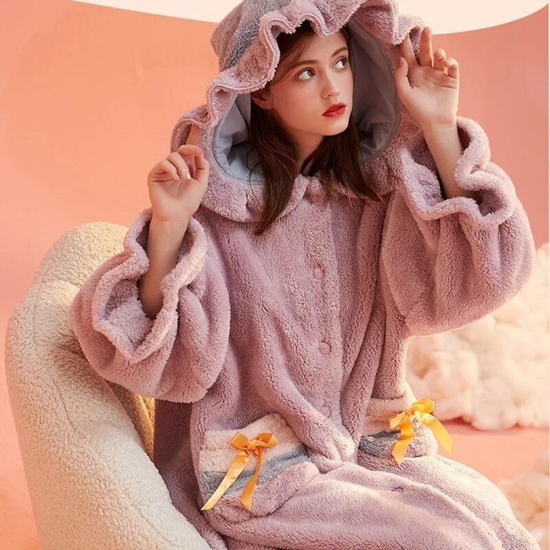 Purple Coral Fleece Nightdress Women's Soft and Fluffy Sleepwear Autumn Winter Night Gown Long Pajamas Cute Hooded Home Service