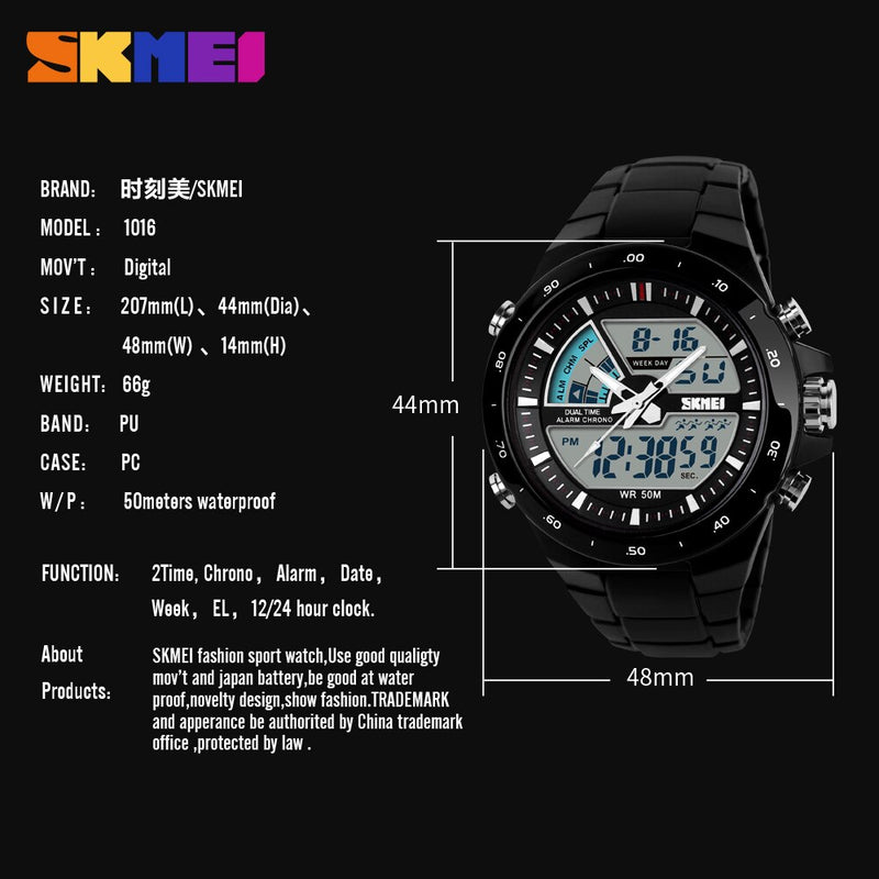 SKMEI 1016 Brand Sport Watch for Men 5Bar Waterproof Stopwatch Dual Display Wristwatches Men&