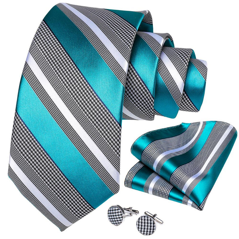 Gift Men Tie Teal Blue White Striped Silk wedding Tie For Men DiBanGu Designer Hanky Cufflink Quality Men Tie Set Business 7339