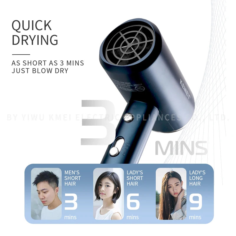 Kemei KM-9822 Constant Temperature Hair Dryer 1800W 60 Degree Multifunctional Professional Salon Blow Dryer Portable 3 Speeds