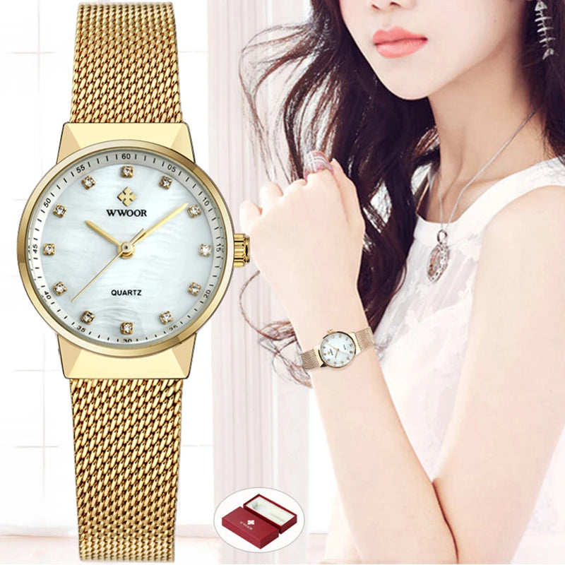 WWOOR Luxury Gold Watches For Women Exquisite Bracelet Watch  Top Brand Stainless Steel Casual Quartz Watch Female Analog Clock