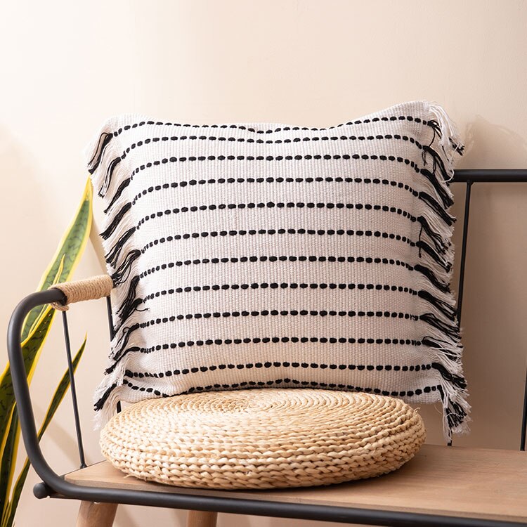 Cushion cover Tassels pillow cover Mustard Ivory Black Cotton Woven Stripe for Home decoration Sofa Bed 45x45cm/30x50cm/50x50cm