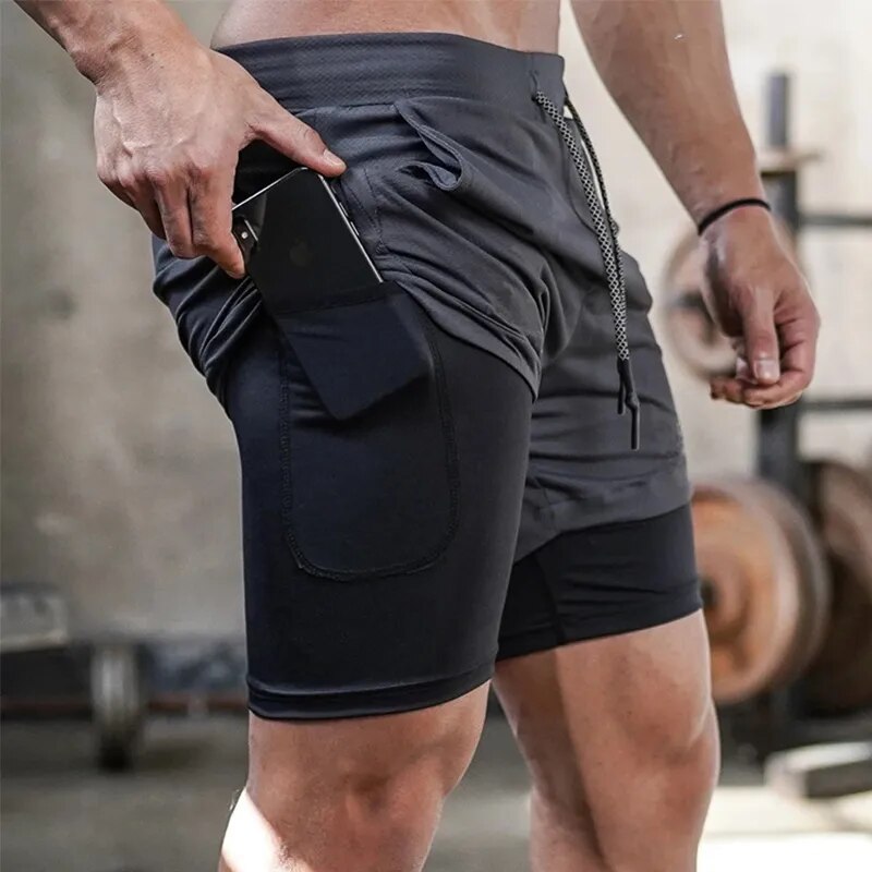 Joggers Shorts Mens 2 in 1 Short Pants Gyms Fitness Bodybuilding Workout Quick Dry Beach Shorts Male Summer Sportswear Bottoms