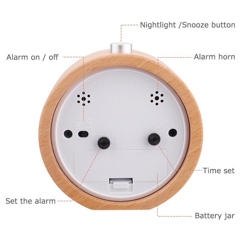 Handmade Classic Small Round Wood Silent Light Desk Alarm Clock With Desk Lamp for Home dropshipping