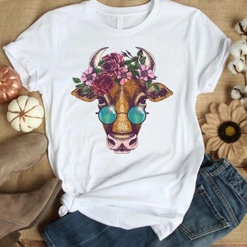 2022 Women T-shirt Floral Cow Flower Print Summer Women Graphic Tops Short Sleeve tshirt Femal tee shirt femme