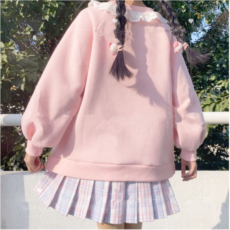 2022 Autumn Women Lace Neck Cute Hoodies Harajuku Kawaii Sweatshirt Lolita Girl Pink Pullover Lamb And Candy Embroidery Sudadera