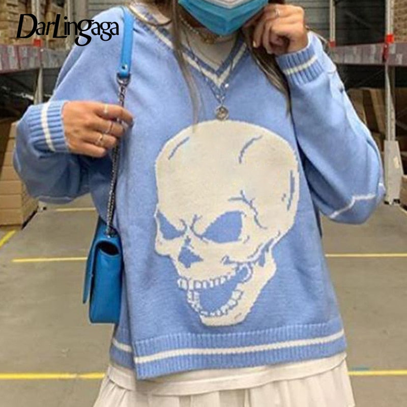 Darlingaga Harajuku Skull Print Y2K Loose Autumn Winter Sweater Women Pullovers Casual Knitwear Jumpers 2023 Korean Sweaters New