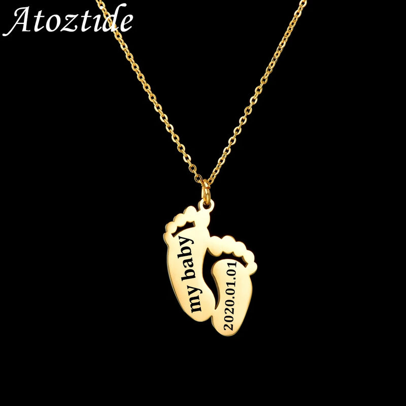 Atoztide Fashion Engraved Name Date Feet Jewelry Pendant DIY Customized Stainless Steel Necklaces For Baby Women Chain Gift