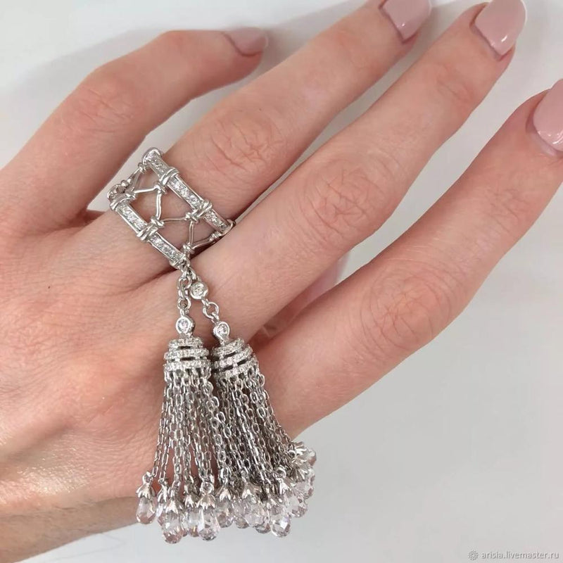 925 Sterling Silver Rings for Women with Double Tassel Rings with Crystal droplets White and Black Color Luxury Jewelry