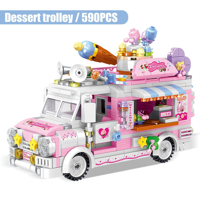 City Mini Girls Ice Cream Sets Model Building Blocks Friends Racing Vehicle Hot Dog Camping Car Bricks Toys For Children