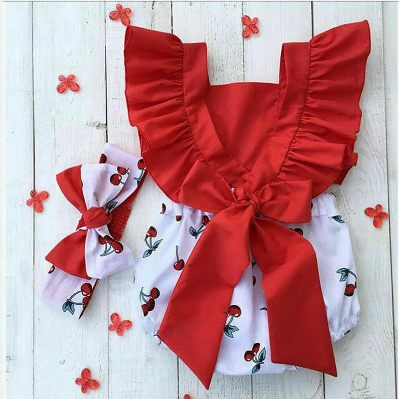 Cute Newborn Baby Girl Clothes Sets Ruffle Backless Cherry Romper Headband 2pcs Summer Outfits Toddler Infant Jumpsuit 0-18M