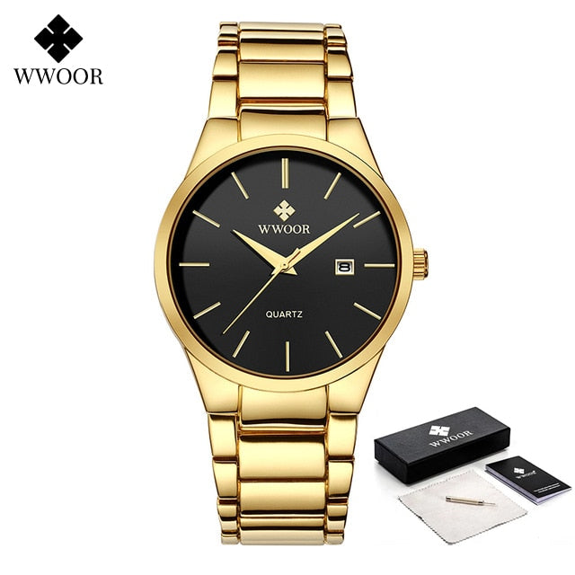 WWOOR Luxury Watch Men Business Sports Mens Quartz Wristwatches Gold Stainless Steel Waterproof Automatic Date Relogio Masculino