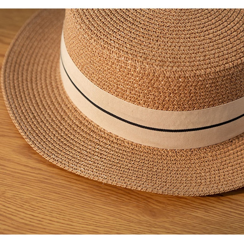 Women Straw Hats Panama Wide Brim Jazz Hat Summer Hat Ladies Sun Hat Simple Flat Top Hat