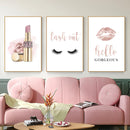 Fashion Eyelashes Lipstick Makeup Posters and Prints Hello Gorgeous Sign Rose Gold Canvas Painting Girls Gifts Wall Art Decor