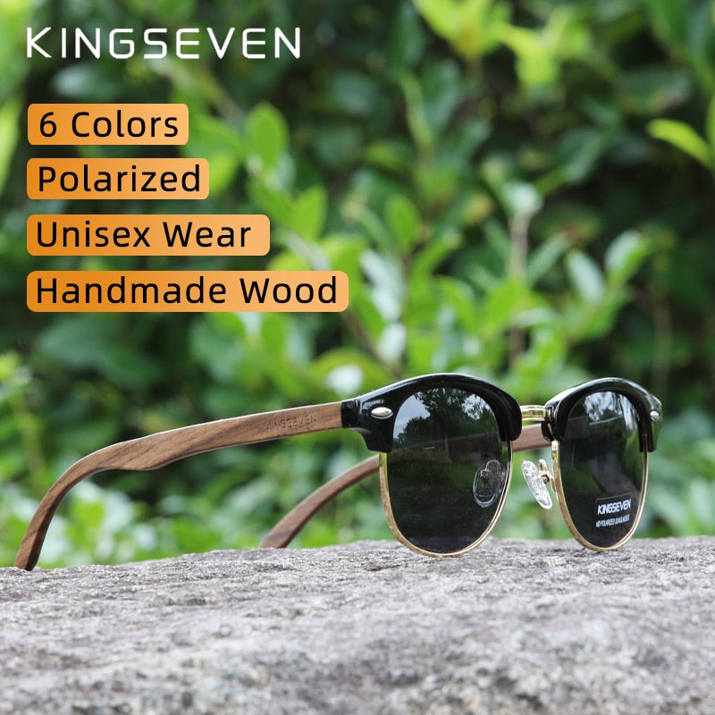 KINGSEVEN Handmade 2022 Black Walnut Wooden Sunglasses Men Polarized UV400 Protection Semi-Rimless Retro Eyewear Women Oculos