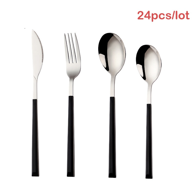 16/20/24Pcs 304 Stainless Steel Dinnerware Sets Glossy Silver Wooden Tableware Western Food Knife Fork Teaspoon Cubiertos