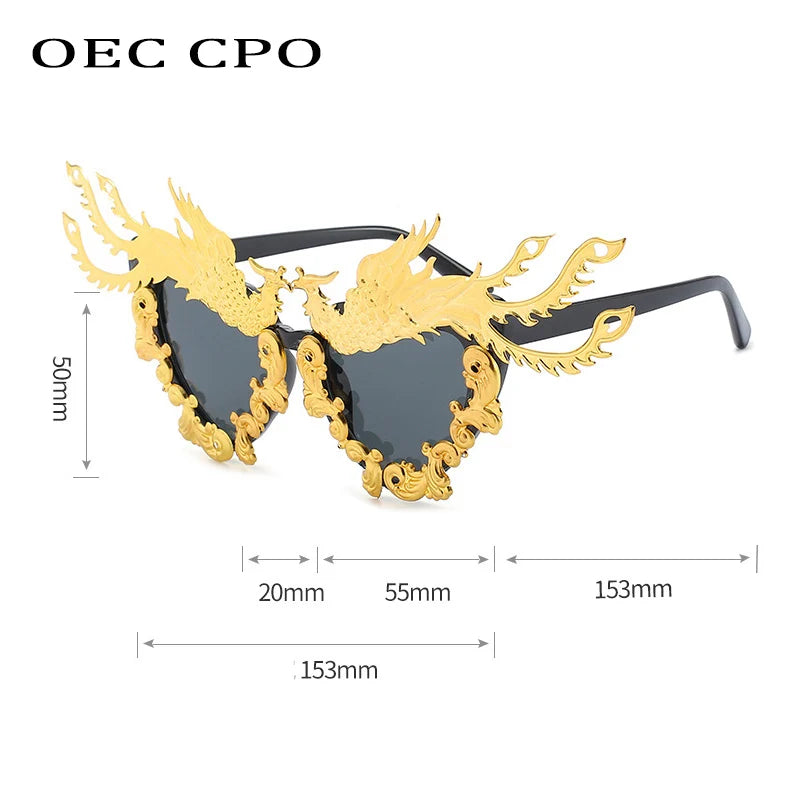 OEC CPO Fashion Party Dragon And Phoenix Sunglasses Women New Unique Colorful Gold Punk Sun Glasses Female Eyeglasses O992