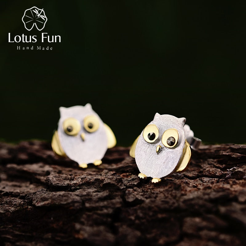 Lotus Fun Real 925 Sterling Silver Natural Creative Handmade Designer Fine Jewelry Ctue Owl Stud Earrings for Women Brincos