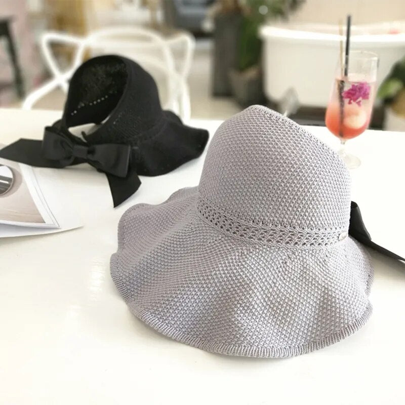 New Summer Bow Sun Hats Empty Top Hat Women UV Protction Caps Cutout Beach Hat Women Sun Cap Ribbon Knit Raffia Hat Sun Hat