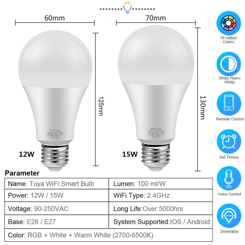 Smart LED Light Bulb 12W 15W Wifi RGB Lamp E27 Color Dimmable Led Bulb Work With Tuya Smart Life APP Voice Control Alexa Google