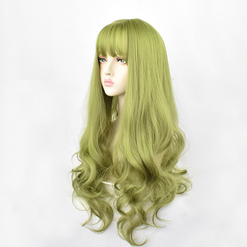 24inch Synthetic Green Black Hair Curly Big Wave Cosplay  Wigs With Bangs for Women African American Heat Resistant Fiber Hair