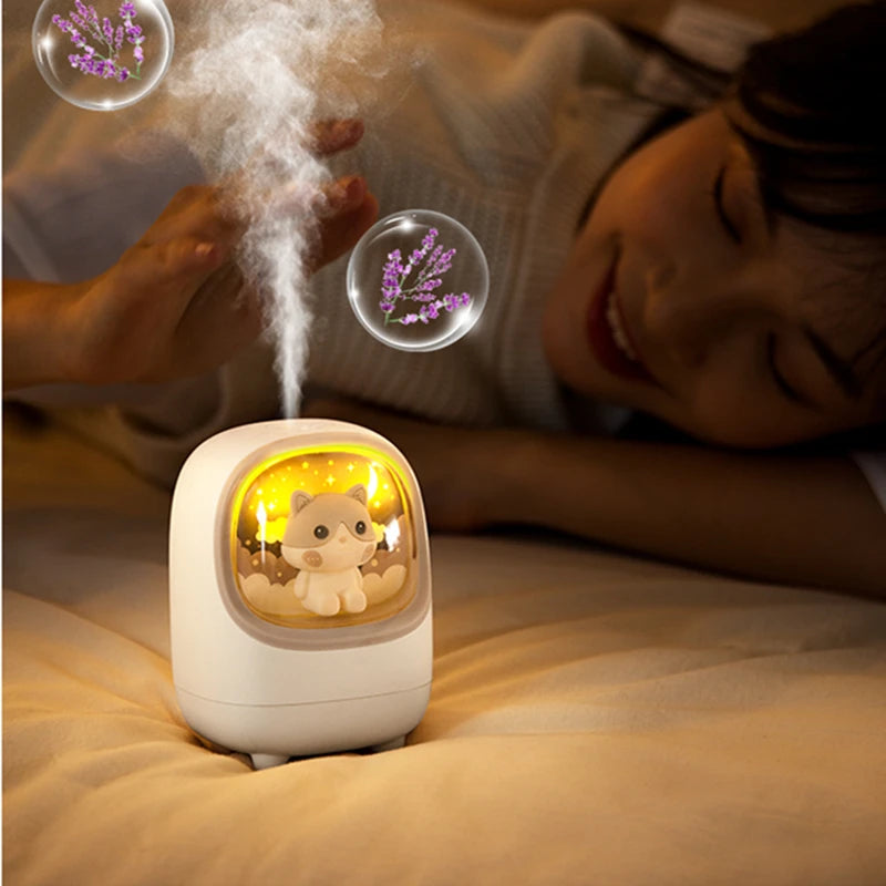 350ml Cartoon Wireless Air Humidifier USB Rechargeable Portable Mini Aromatherapy Mist Maker Diffuser with Romantic Warm Lamp