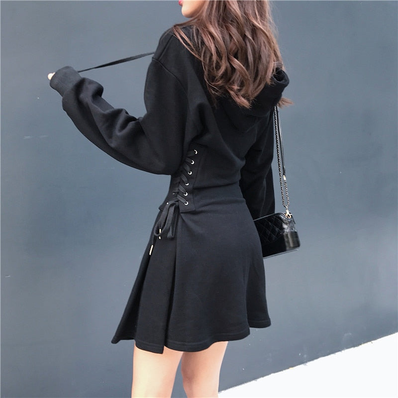 Spring 2022 Hooded Dress Women Lace Up Waist Slim Black Gothic Dress Female Short Mini Harajuku Streetwear Vestidos