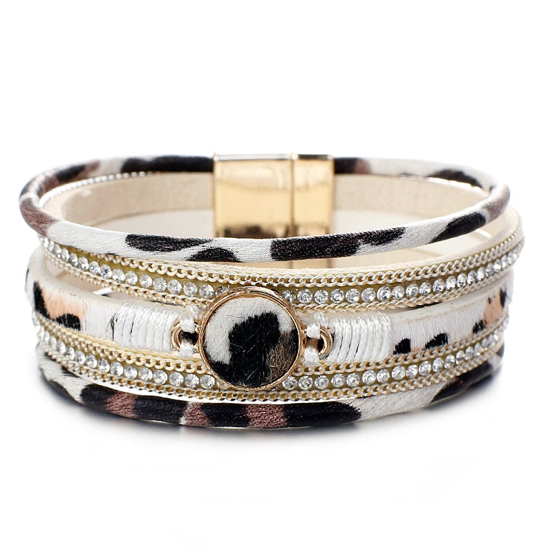 Amorcome Bohemian Round Charm Leopard Leather Bracelets for Women Crystal Wide Wrap Bracelet Fashion Bracelets & Bangles Jewelry