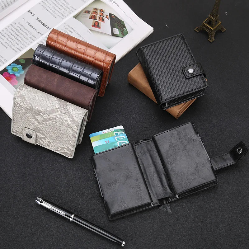 2024 Pu Leather Double Metal ID Credit Card Holder With RFID Vintage Card Case Automatic Money Cash Clip Mini Wallet Business