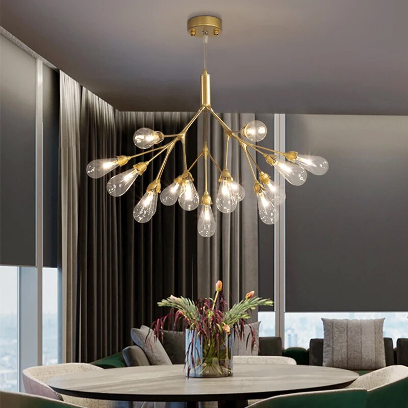 Nordic Copper Luxury LED Chandelier Lighting Firefly Dining Living Room Creative Hanging Lamp Modern Bedroom Home Deco Fixtures