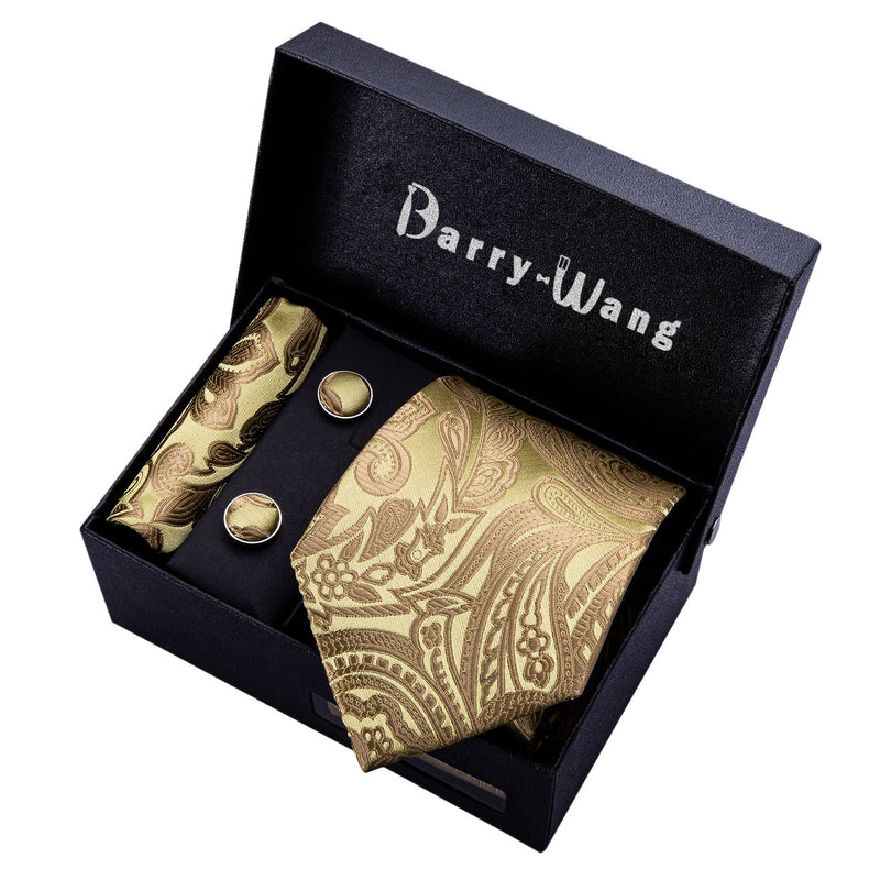 Gold Men Tie Paisley Silk Tie Pocket Square Gift Box Set Barry.Wang Luxury Designer Neck Tie For Men Male Gravat Wedding BB-5150