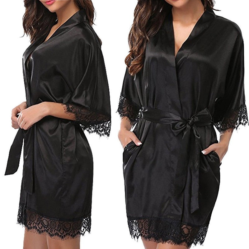 New Women Night Gown Robe Lace Bathrobe Nightgown Halt Sleeve Night Mini Dress Lace Sexy Sleepwear Dresses With Belt