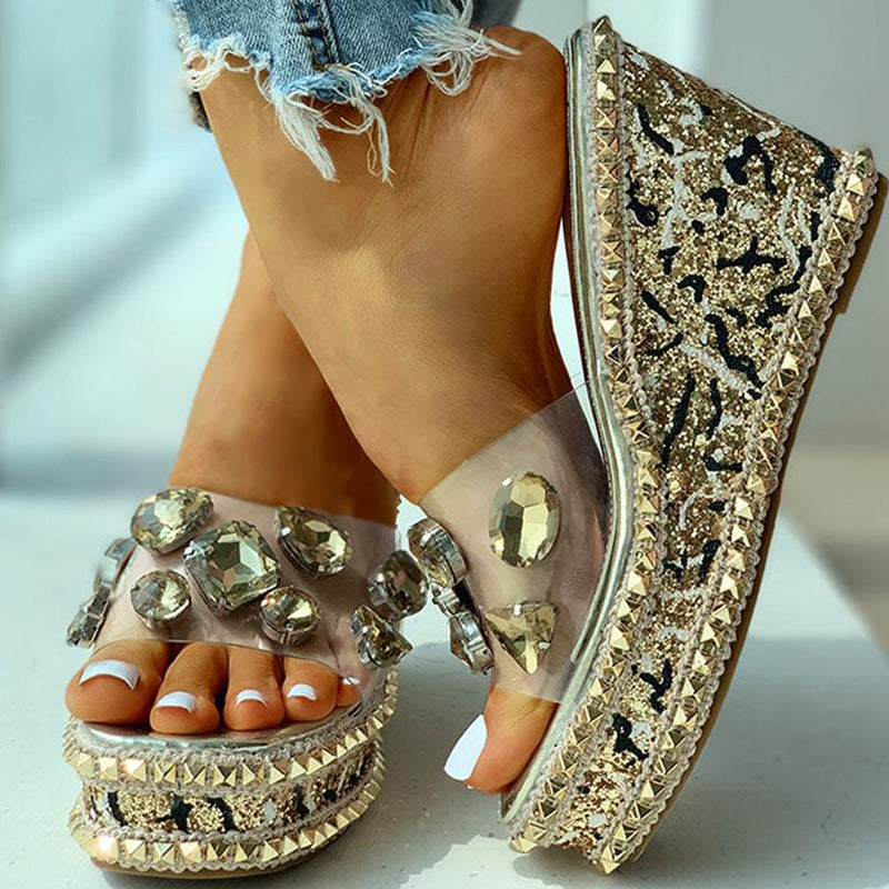 Doratasia brand design ladies crystals rivets clear platform high heels leisure slipper wedges sandals women summer shoes female