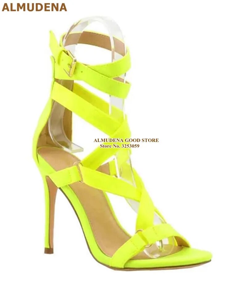 ALMUDENA Neon Yellow Suede Cage Sandals Metal Ring Buckle Decorated High Heel Shoes Buckle Cross Strappy Nightclub Party Shoes
