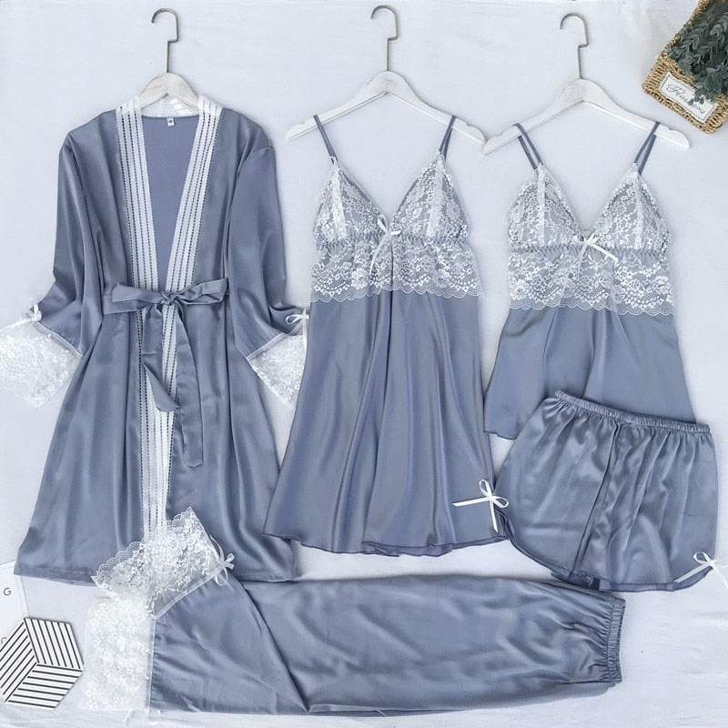 Pajamas Set Silk Satin Womens Lace Nightwear Spring Strap Pyjamas Suit Female Lounge Sleepwear with Chest Pads Home Wear