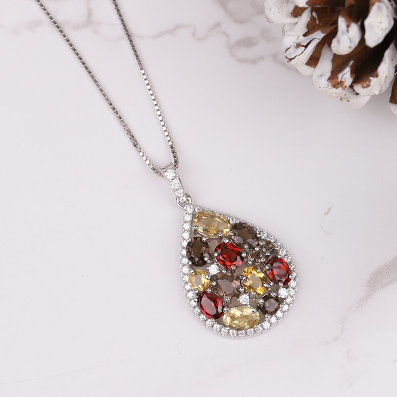 GEM'S BALLET Luxury Natural Garnet Citrine Smoky Quartz Pendant 925 Sterling Silver Colorful Nacklace for Women Fine Jewelry