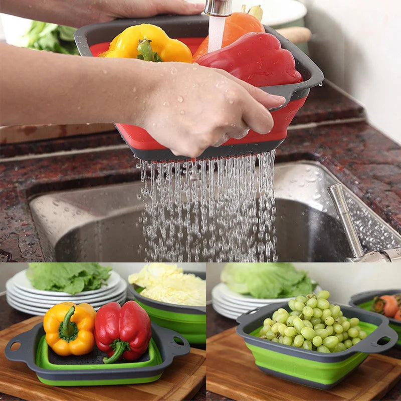 Silicone Foldable Drain Basket Colander Fruit Vegetable Washing Basket Strainer Drainer With Handle Kitchen Storage Tools