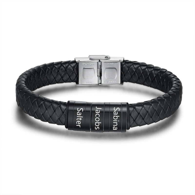 JewelOra Personalized Men Braided Leather Bracelets with Custom Beads Engraved Family Name Stainless Steel Bracelets for Men Dad