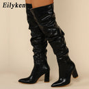 Eilyken Winter Women Over-the-Knee Boots Punk Style Square High Heel Zipper Shoes Pleated Pointed Toe Ladies Long Booties