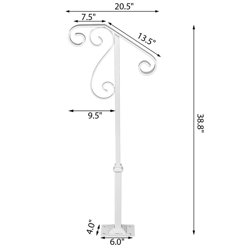 SucceBuy Single Post Handrail Wrought Iron Post Mount Step With Base Plate Fits 1Or2 Steps Grab Rail Single White/Gray Railing