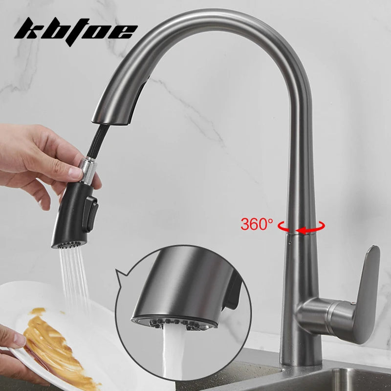 Gun Gray Pull-out Kitchen Faucet Hot And Cold Water Washbasin Sink Faucet Rotatable Retractable Black And White 60CM Pull