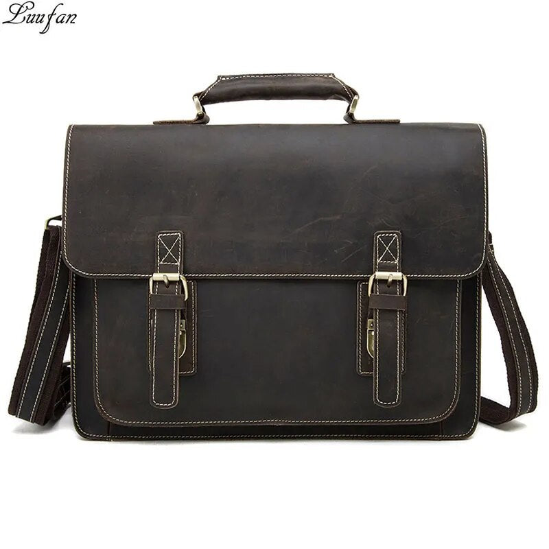 Luufan Men's Vintage Genuine Leather Laptop Bag Cow Leather Business Bag 15" PC Crazy Horse Leather Briefcase Men Portfolio Tote