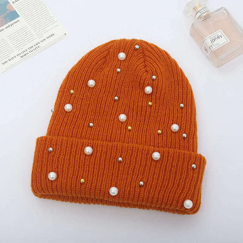 Winter Knitted Beanie Women Fashion Rhinestone Pearls Knitting Hats Ladies Casual Skullies Cap Female Solid Color Casual Bone